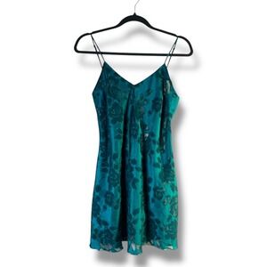 Vintage Victoria's Secret Sz Medium Green Floral Babydoll Slip Lace Up‎ Back Bow